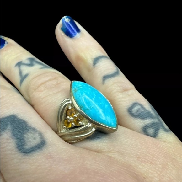Vintage Sterling Turquoise Citrine Ring 6 925 Turquoise Cocktail Ring Size 6